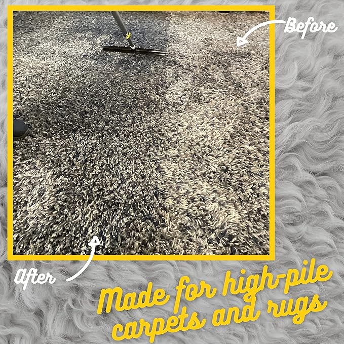 Room Groom Carpet Rake and Groomer with Wood 60" Handle, Sturdy Design, Carpet Brush Ideal for Pet Hair, Refreshing High Pile Carpets, Rugs, and Artificial Turf