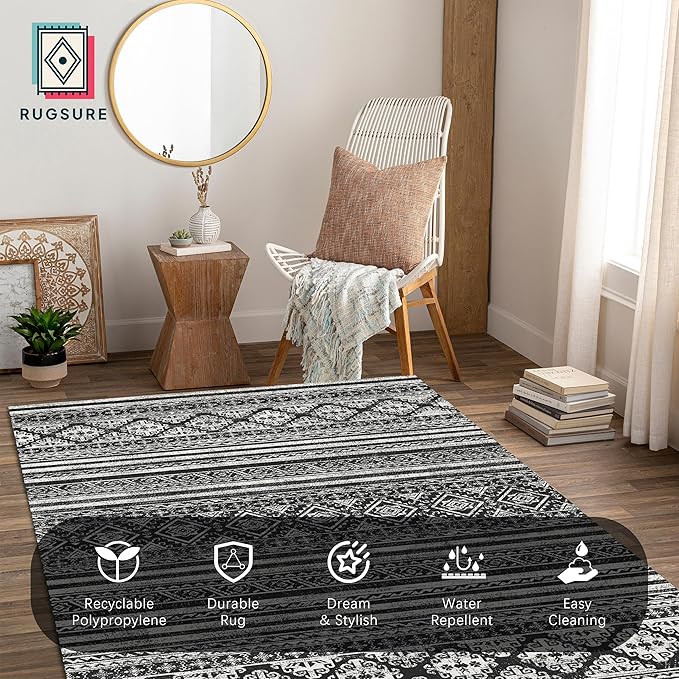 RUGSURE Washable Area Rugs 9' x 12' - 1/6 Thick - Moroccan-Inspired -Stain & Water Resistant Non-Slip - Resistant Rug for Living Room, Bedroom, Nursery, Pet & Child Friendly (Black)
