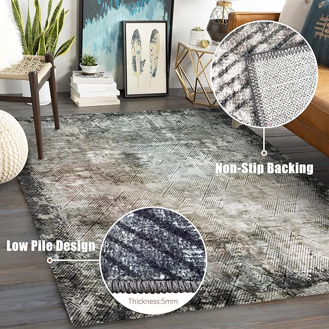 6' x 9' Washable Area Rug - Low Pile Soft Vintage Indoor Rug for Living, Dining or Bedroom - Lightweight Carpet with Non-Slip Backing - Foldable for Easy Placement, Blackish