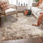 9' x 12' Washable Area Rug - Low Pile Soft Vintage Indoor Rug for Living, Dining or Bedroom - Lightweight Carpet with Non-Slip Backing - Foldable for Easy Placement, Brown
