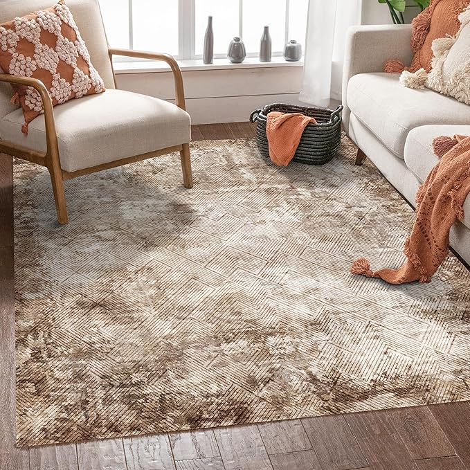 9' x 12' Washable Area Rug - Low Pile Soft Vintage Indoor Rug for Living, Dining or Bedroom - Lightweight Carpet with Non-Slip Backing - Foldable for Easy Placement, Brown