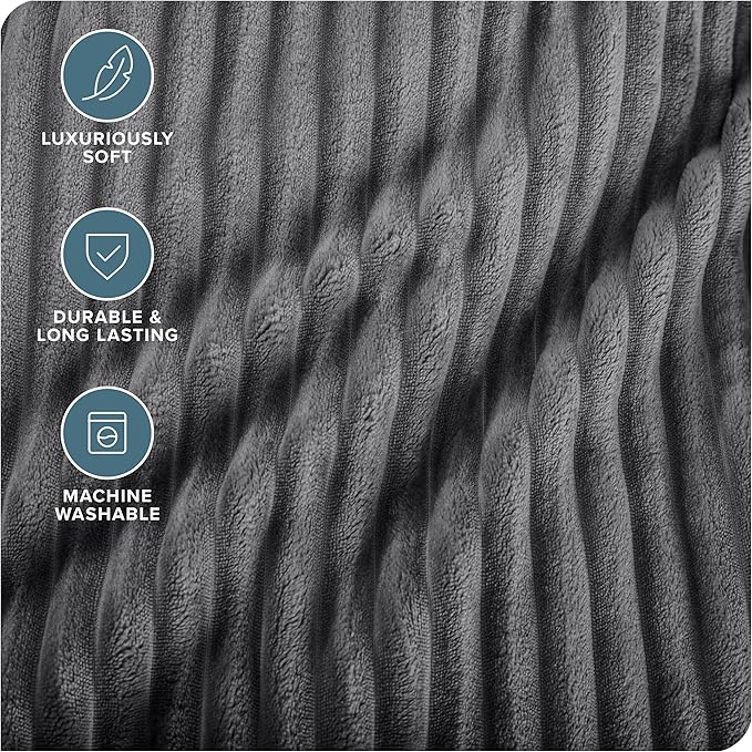 Bare Home Textured Fleece Blanket - King Size - Ultra-Soft Lightweight for Bed, Sofa, and Couch - Luxury Microplush - Cozy Warm Blanket (King, Ribbed Grey)