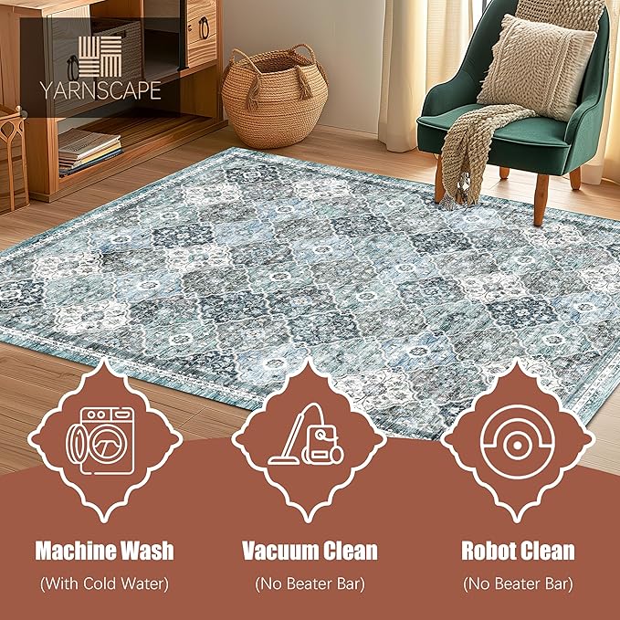 6' x 9' Washable Area Rug - Low Pile Soft Vintage Indoor Rug for Living, Dining or Bedroom - Lightweight Carpet with Non-Slip Backing - Foldable for Easy Placement, Ocean Blue