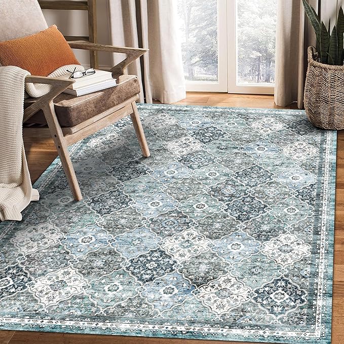 6' x 9' Washable Area Rug - Low Pile Soft Vintage Indoor Rug for Living, Dining or Bedroom - Lightweight Carpet with Non-Slip Backing - Foldable for Easy Placement, Ocean Blue
