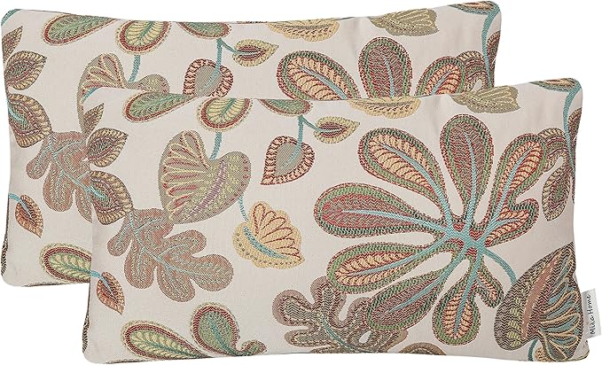 Mika Home Set of 2 Jacquard Tropical Leaf Pattern Oblong Throw Pillow Covers Accent Pillowcase 12X20 Inches,Teal Cream