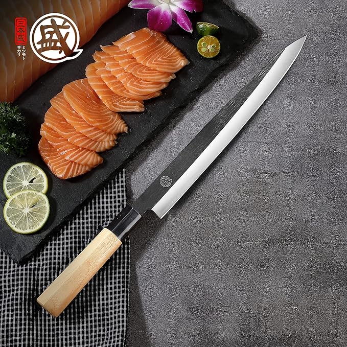 MITSUMOTO SAKARI 11 Inch Sashimi Knife, Single-Bevel Japanese Knife with Tungsten Alloy Steel, for Professional Sushi Cutting & Fish Filleting