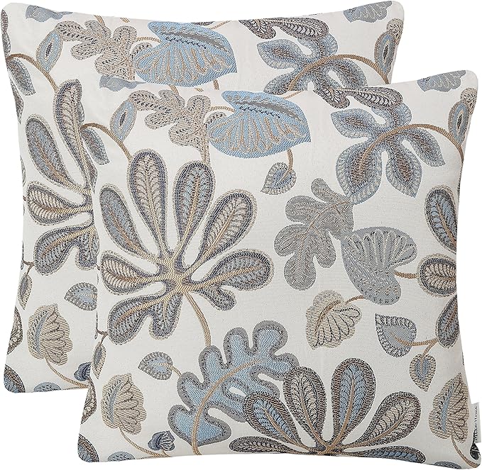 Mika Home Set of 2 Jacquard Tropical Leaf Pattern Throw Pillow Covers Decorative Pillowcase 22X22 Inches,Blue Cream